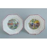 A pair of English Pottery Nursery Plates with printed scenes of 'Pig Race' and 'Come on Donkey' and