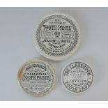 Three Staffordshire Monochrome Pot Lids Hindoo T. Paste. Magor Ltd Birmingham Tooth paste.