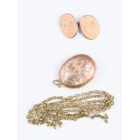 A yellow metal chain probably 9ct gold chain, a 9ct rose gold cuff link and locket,