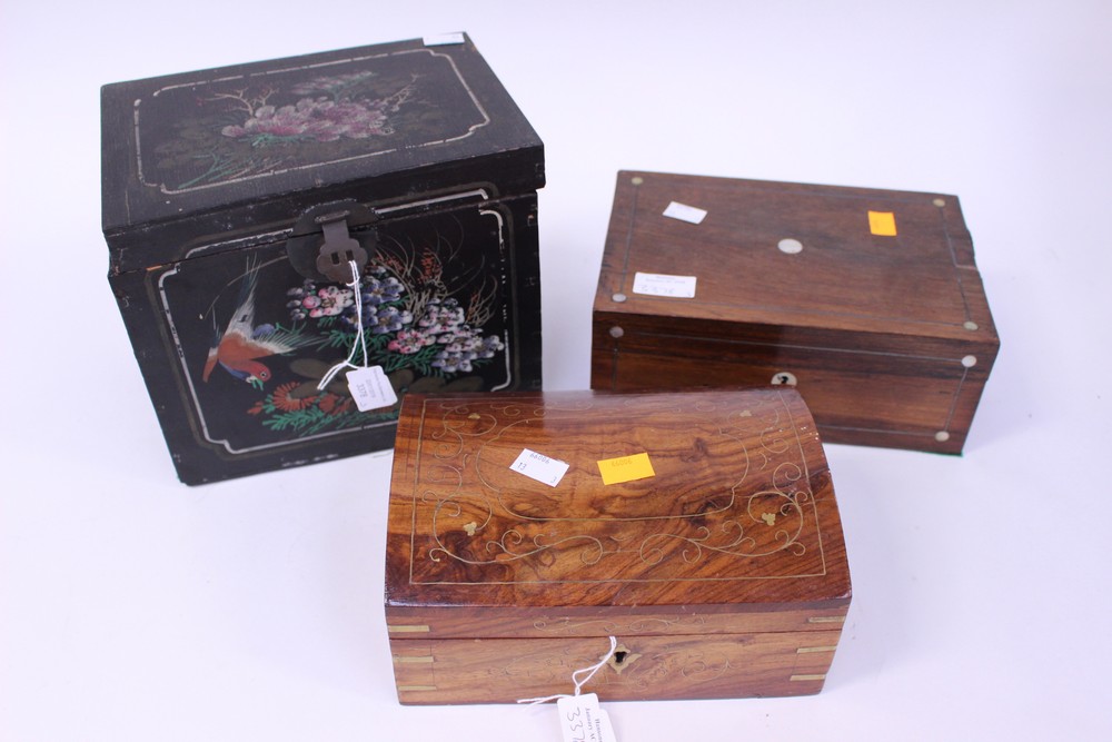 Two Victorian boxes and a twentieth Century brass inlay box (3)