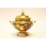 A Royal Worcester fruit painted twin handled bowl and cover,