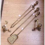 ****Ex Luddington Manor****Five piece brass companion set, comprising two fire dogs, coal tongs,