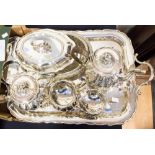 EPNS twin handled rectangular tray, with EPNS part tea service being melon shaped and footed,