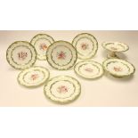 English porcelain dessert service comprising of two comports and seven plates,