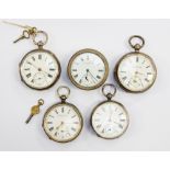 Four late Victorian, early 20th century pocket watches, silver, along with a clock/pocket watch,