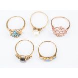 A collection of five 9ct gold dress rings, to include a rose gold cluster set with quartz,