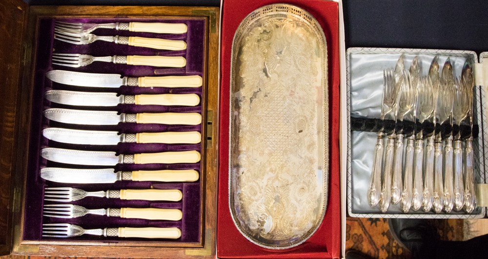 A set of silver collar fish knives and forks with silver plated tea knives and forks