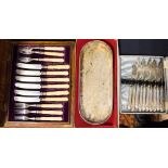 A set of silver collar fish knives and forks with silver plated tea knives and forks