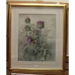 A large watercolour painting 'Highland Thistles' by Thomas Bushby 1855,