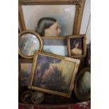 A pair of round framed highland scene oils, watercolour of young lady signed E Tayor 1869,