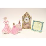 Three boxed Coalport figurines and boxed ceramic clock (4)