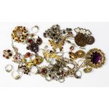 A collection of assorted costume jewellery to include eleven brooches, some garnet and paste set,