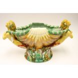 A large majolica jardiniere in the form of a shell with two mermaids supporting it (1)
