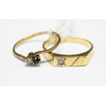 Two 9ct gold rings, comprising a delicate diamond and sapphire two stone twist ring,