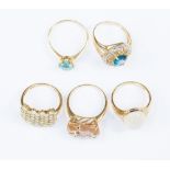 Five 9ct gold dress rings, topaz, opal,