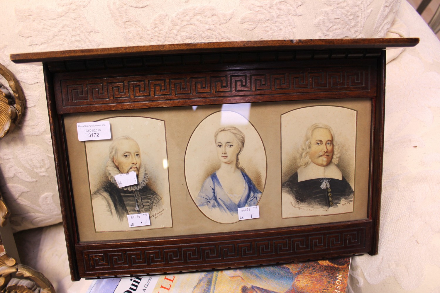 ****Ex Luddington Manor****Oak framed triptych, containing three watercolour drawings,