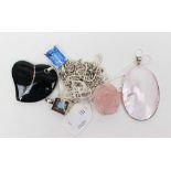 Five silver set pendants topaz, tourmaline, rose quartz,