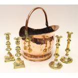 Copper coal scuttle and 4 brass candlesticks