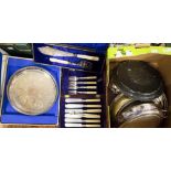 Two silver plated entree dishes, trays, entree dish lid and silver plated fish servers,