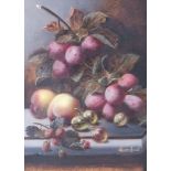 Oliver Clare (British, 1853-1927), still life of apples, plums and greengages, signed l.r.