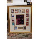 A signed Muhammed Ali collage showing posters of previous fights, signed to central image,