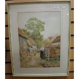 C J Keats, late-19th century watercolour of farmhouse/farmyard scene with figures and hens.