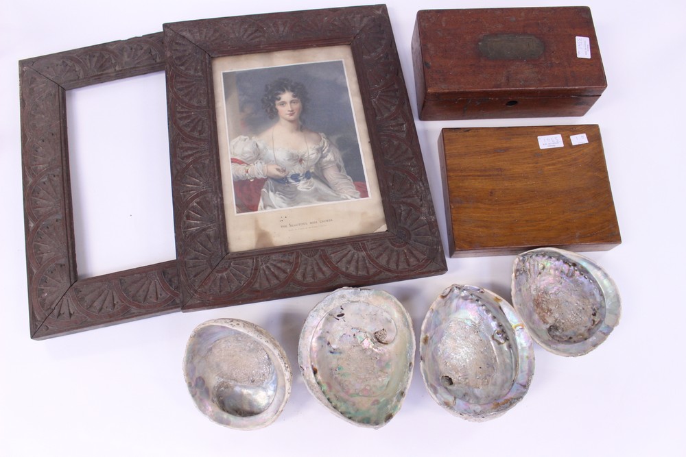 Two wooden jewellery boxes, four shells,