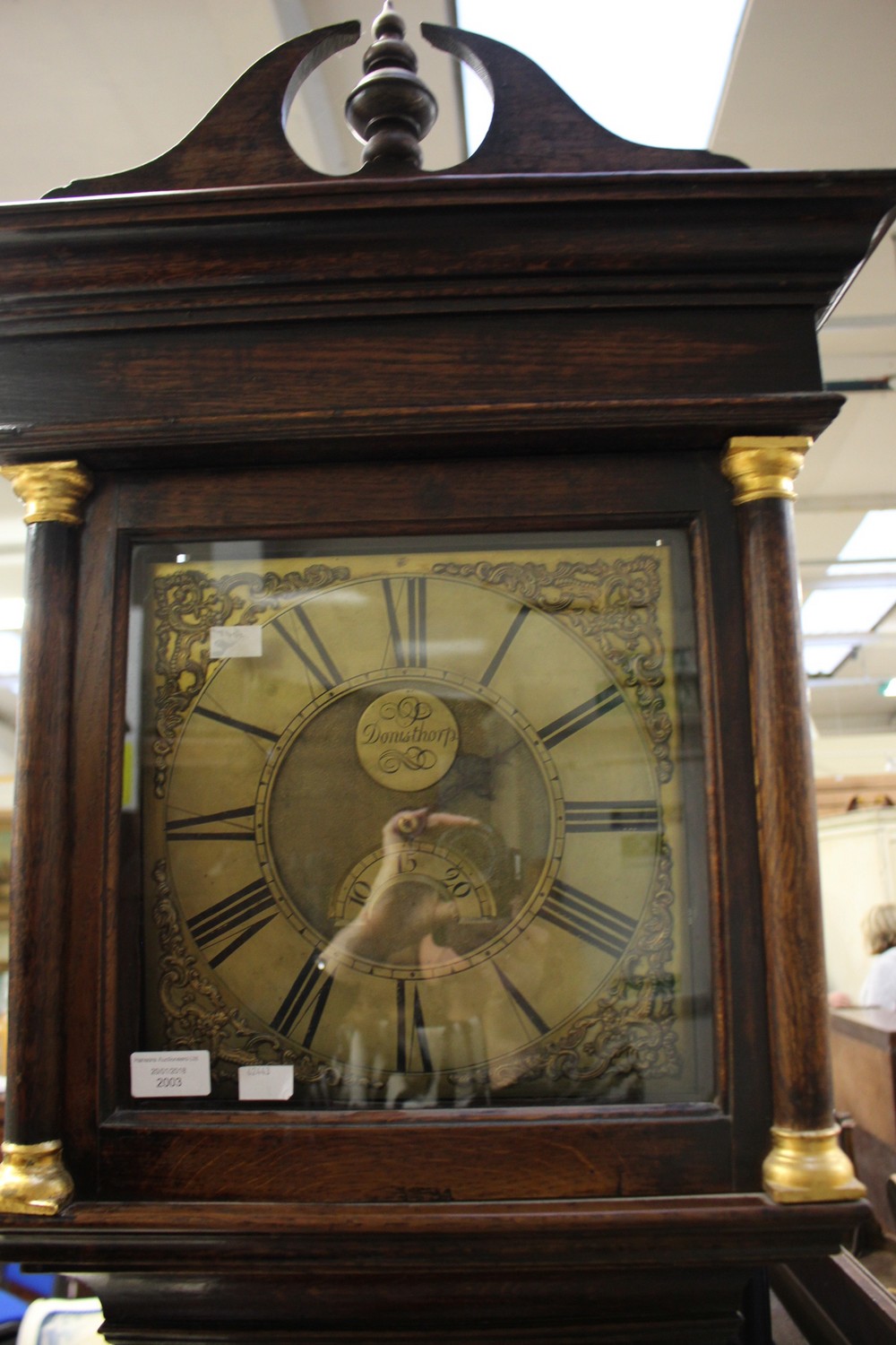 A George III oak longcase clock, broken pediment, columns to hood, - Image 2 of 2