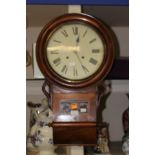 A late 19th Century eight day wall clock, having a round head case, white dial,