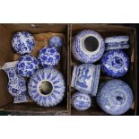 Blue and white oriental wares, including ginger jars and covers, vases, balls,