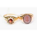 Gentleman's 9ct gold signet ring and garnet set ring,