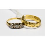 Two 18ct gold rings, comprising one diamond three stone illusion set ring,