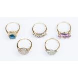 Five 9ct gold dress rings, to include a diamond cluster, a tanzanite and diamond band,