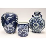 A large Chinese blue and white jar, together with a large Chinese moon flask,