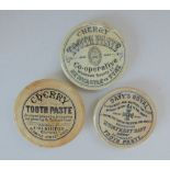 Three Staffordshire Monochrome Pot Lids Cherry Tooth Paste C.