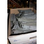 Three large boxes of 00/HO guage model railway track, to include two rail Hornby Dublo,