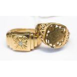 Two 9ct gold gentleman's rings, one with central small diamond with a patterned sunburst effect ,