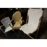 ****Ex Luddington Manor****Three various chairs, comprising a wicker open arm elbow chair,