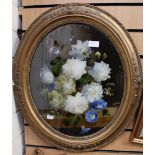 ****Ex Luddington Manor****Oval convex reverse painting on glass, still life with flowers on a slab,