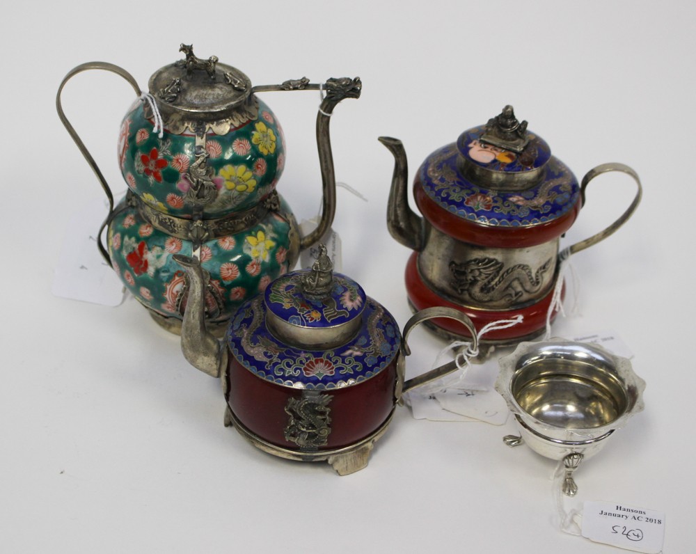 Three various Oriental cloisonne and ceramic silver/white metal mounted teapots,