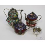 Three various Oriental cloisonne and ceramic silver/white metal mounted teapots,