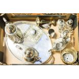 A collection of silver plated items including teaset, large tray, salt and pepper pots,