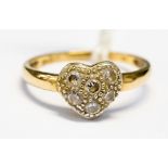 A 9ct gold and white stone heart shaped ring, finger size S,
