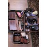 A quantity of vintage household items, including cameras, tools, treen, ash trays,