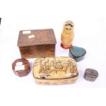 An Arts and Crafts style copper box, three lacquer boxes,