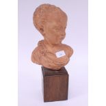 French terracotta bust of a girl mounted on a wood base (1)