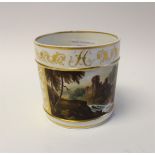 A Derby scene painted tankard, circa 1805, romantic landscape with castle and waterfall,