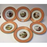 A set of six Derby porcelain dessert plates, each painted with scenes within peach borders,