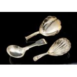 Three silver caddy spoons, including George III and later, Birmingham 1812, 1828 and 1844, 1.