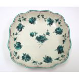 A Derby square dish, circa 1770, green monochrome floral garlands, probably London decorated,